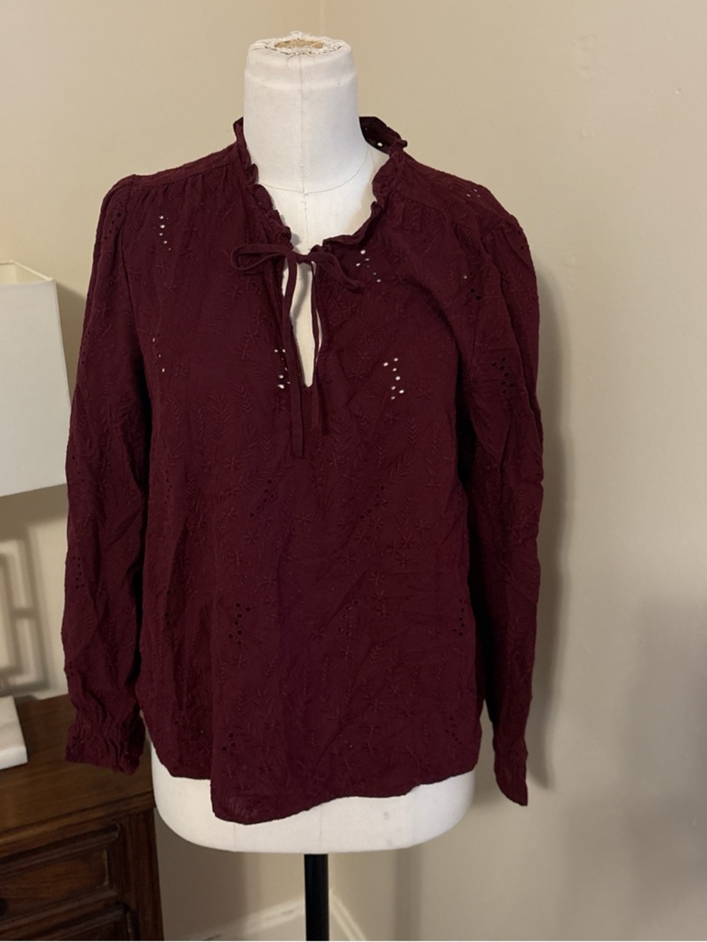 Madewell Women's Burgundy Eyelet Tie-Neck Blouse